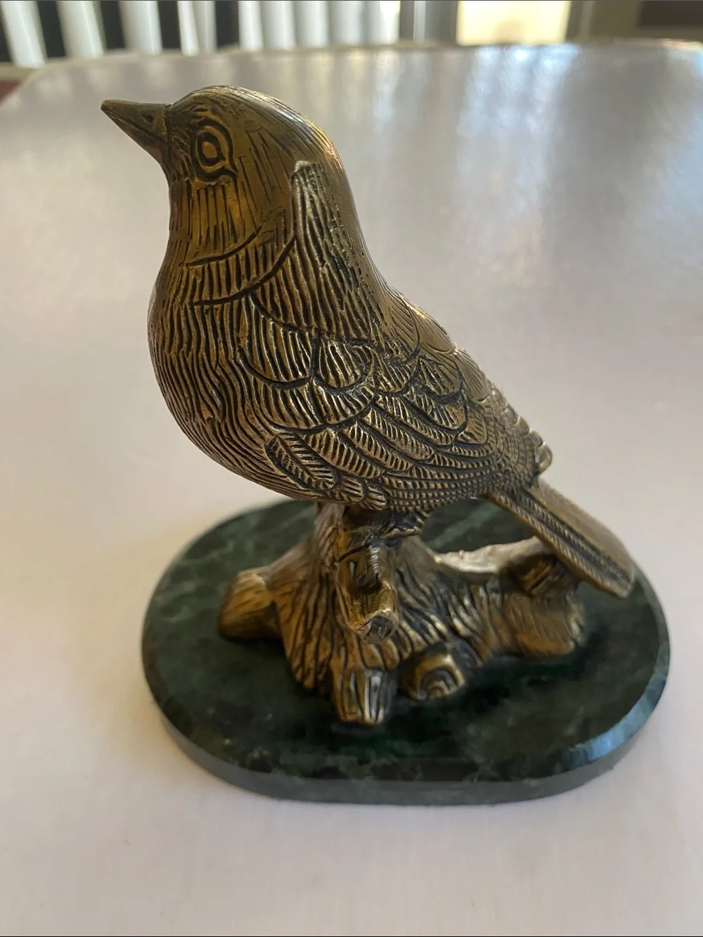 Vintage Solid Brass Bird Figurine on Green Marble Base